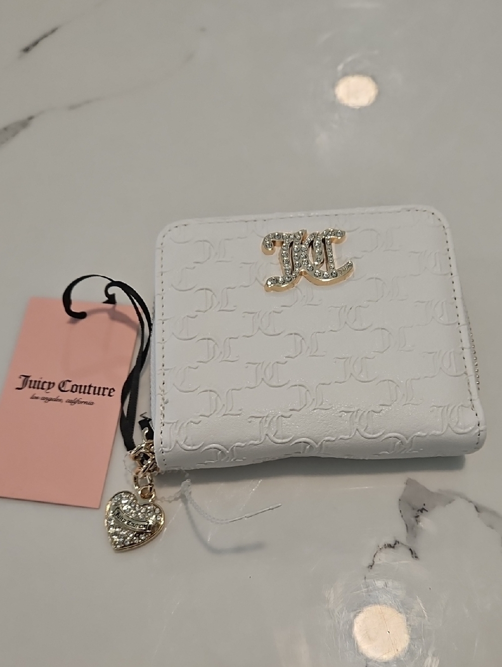 Juicy Couture White Embossed Wallet with Gold Crystal Logo and Heart Charm